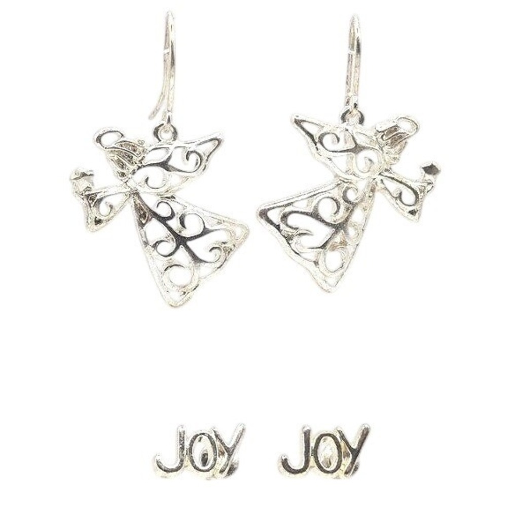 Silver Tone Angel Filigree Dangle Earrings & Small Joy Studs Set